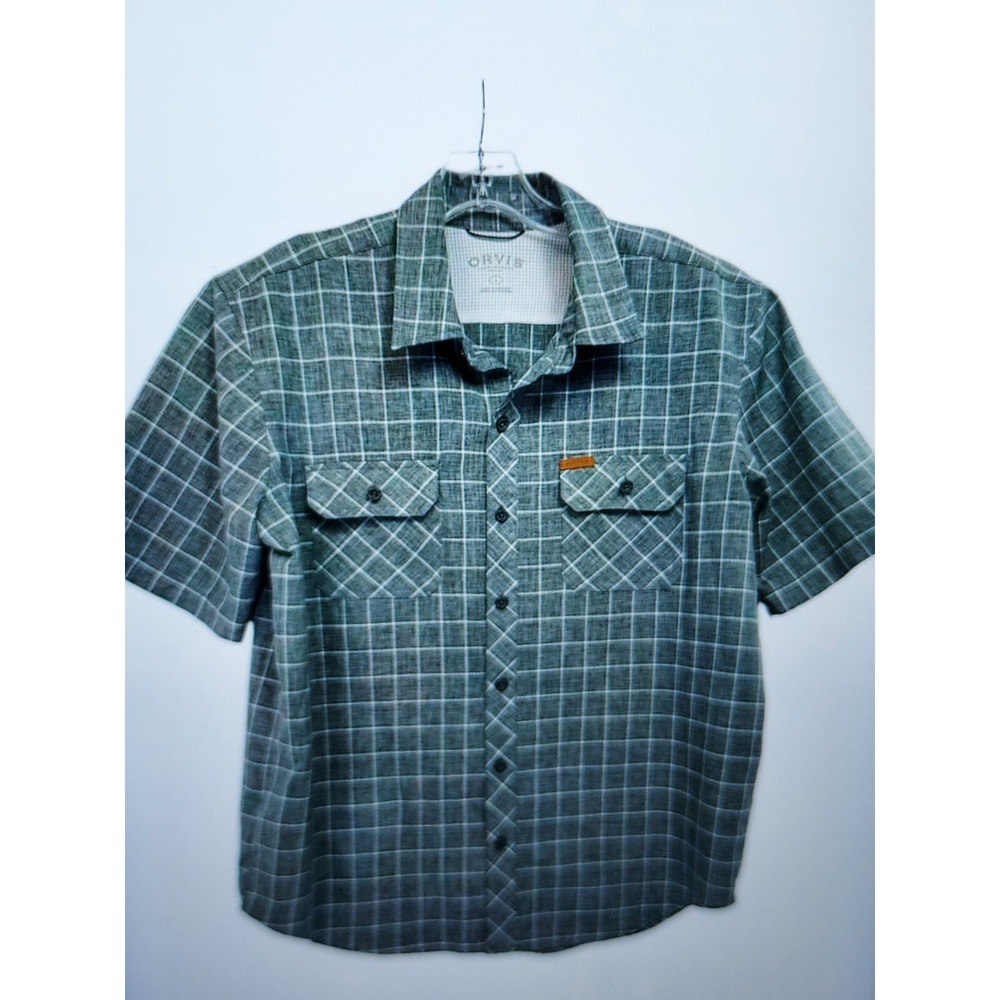 Orvis Mens Green Grid Plaid Short Sleeve Button Down Shirt Mesh Back Yoke M